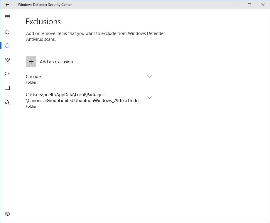 Excluding paths from Windows Defender